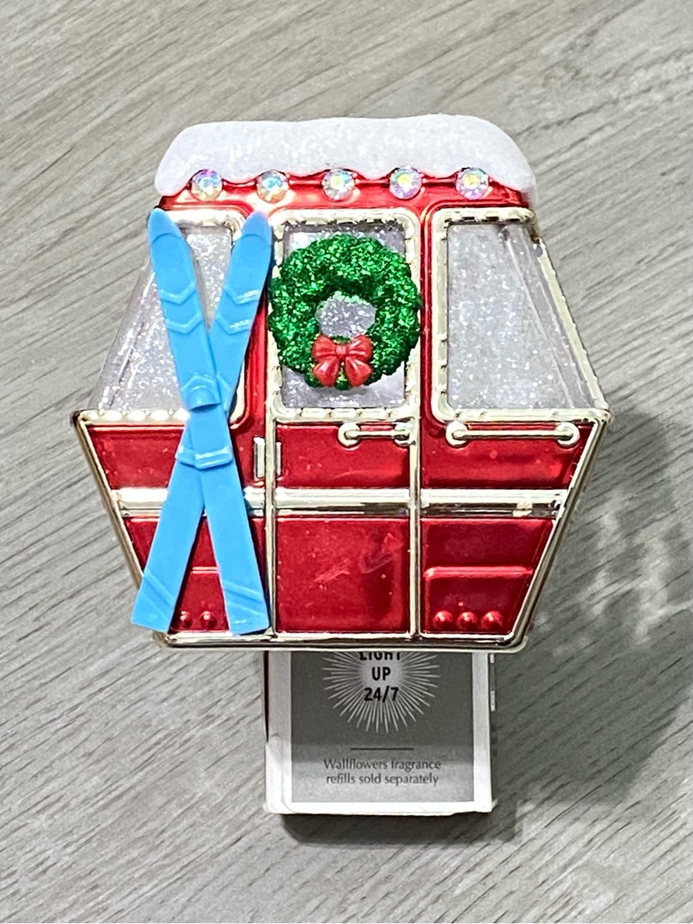 Red Ski Gondola Nightlight Plug-In with Blue Skis and Green Wreath